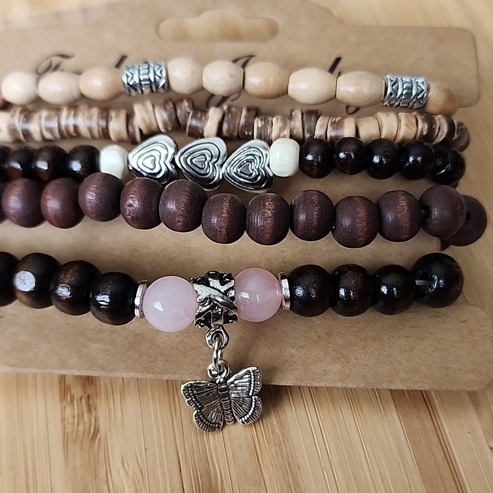 5 Piece Boho Wood Metals acrylics  Bracelet  Set